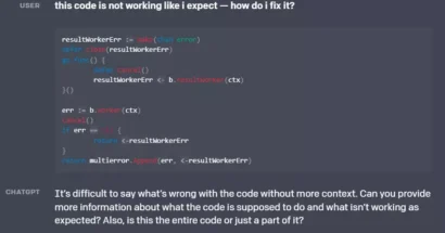 ChatGPTでコンピュータコードに関する対話。© OpenAI