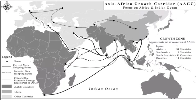 アジア・アフリカ成長回廊は、日本、インド、オーストラリアが重要な役割を果たすイニシアチブです。中国の競合する一帯一路構想は、線と点で表されている。© Screengrab Focus Asis