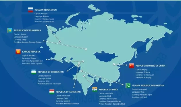 上海協力機構のメンバーとの地図。2023年7月4日、イランは正会員として追加された。© Screengrab SCOウェブサイト