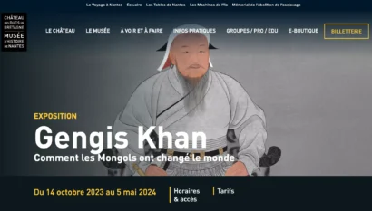 変更されたタイトルを示すゲンジス・カーンに関するナント歴史博物館の2023-24年の展覧会のスクリーンショット。©スクリーンショットナント歴史博物館のウェブサイト2023。