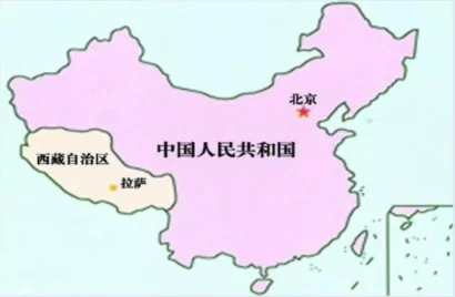 チベットに関する2016年の中国商務省報告書のこの地図は、中華人民共和国との「チベット自治区」の位置と境界を示しています。赤い星は首都北京の場所を示している。© ウィキメディア・コモンズ