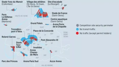 2024年のオリンピックの影響を受けるパリ、セーヌ=サン=ドニ、オー=ド=セーヌの地域の地図。© Préfecture de Paris