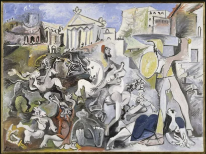 同名の1637年のニコラ・プッサンの絵に触発されたパブロ・ピカソによって1962年に描かれた「サビーヌの誘拐」。© クリスチャン・バヒエ / フィリップ・ミゲエ / 国立ピカソ美術館-パリ