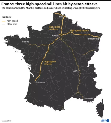 フランス：放火攻撃に見舞われた3つの高速鉄道路線 © Valentin RAKOVSKY, Valentina BRESCHI / AFP