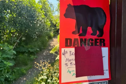 2025年7月23日、アラスカ州アンカレッジの森の小道で、ハイカーがヒグマに負傷した翌日、標識がクマの存在の可能性を警告しています。©マーク・ティーセン/AP